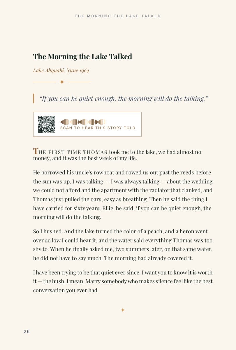 A story page titled The Morning the Lake Talked, with a scan-to-listen voice code