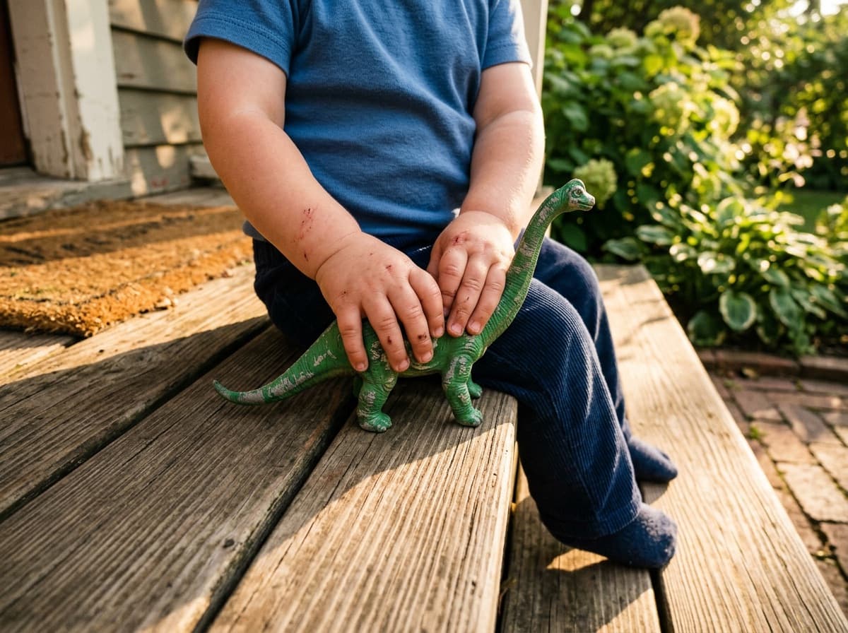A child's hands holding a well-loved toy dinosaur on a porch step